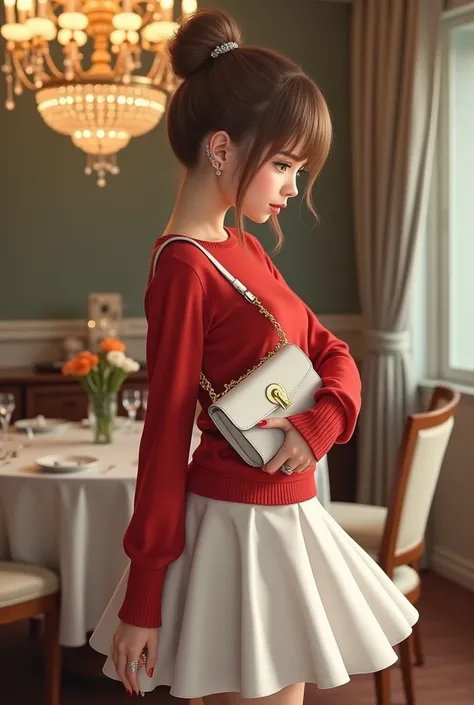 A girl wearing a short satin white  gown and a red sweater is carrying a white purse, she is wearing platform heels , she as her hair packed in a neat bun, she as beautiful bug green eyes, fixed red and white nails with cute stickers, she is standing in th...