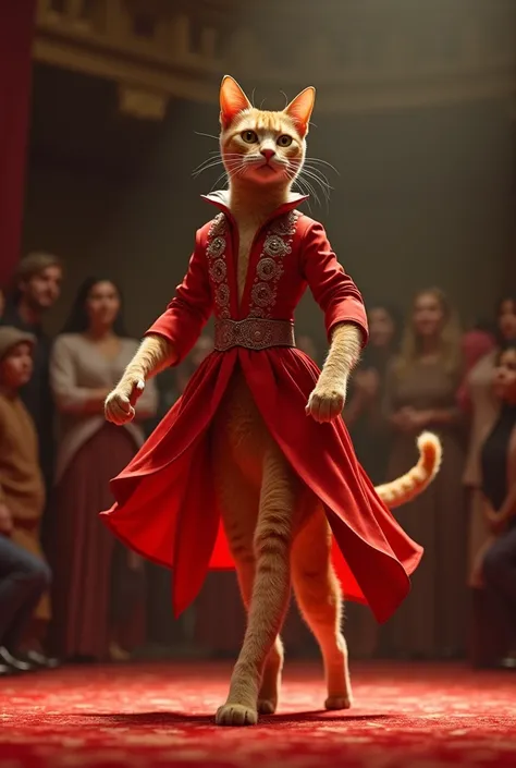  Tall Light Orange cat wearing beautiful red frock walking  on stage in style people are watching her 