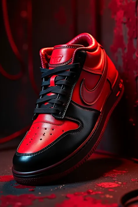 Fait moi une chaussure Nike en cuire avec les couleurs rouge sang et noir la même couleur que la veste en cuir de Mickaël Jackson dans le clip de la musique thriller 