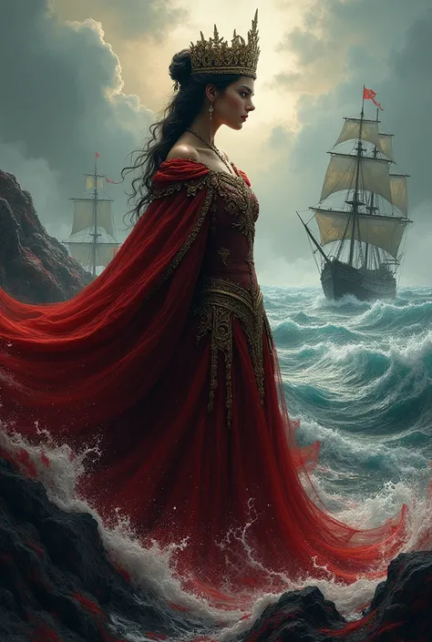  book cover whose title is  "Sea of Blood in Jepara "  the design is not too realistic ,  if you can read the title though ,  the focus is richer there are ships and there is a Queen and the sea is rich  so let it fit the title