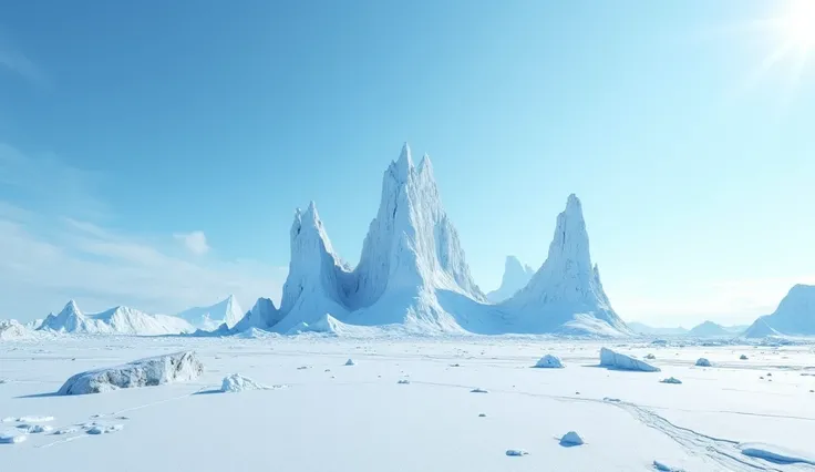 A stunning landscape of Antarctica, featuring vast snow-covered plains, towering icebergs, and a clear blue sky. The image captures the beauty and harshness of the Antarctic wilderness, high quality, 8k, realistik