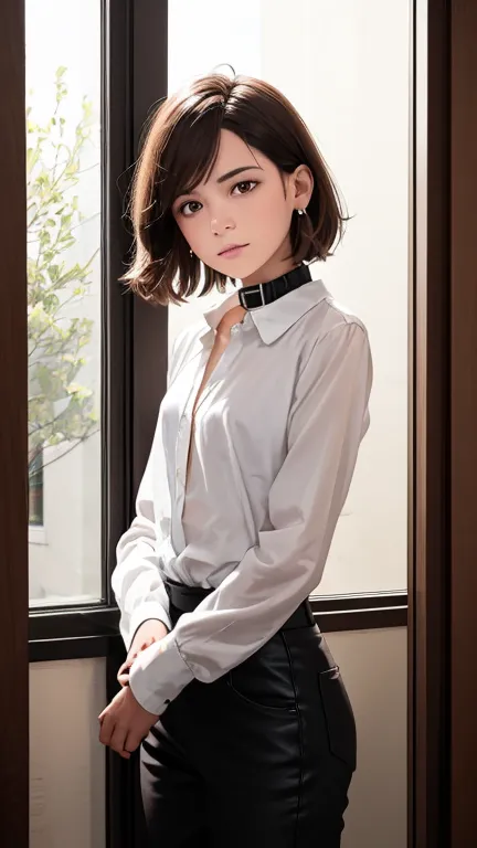 portrait woman with shoulder-length brown hair. she is wearing a white blouse with a collar and long sleeves. her hair is styled...