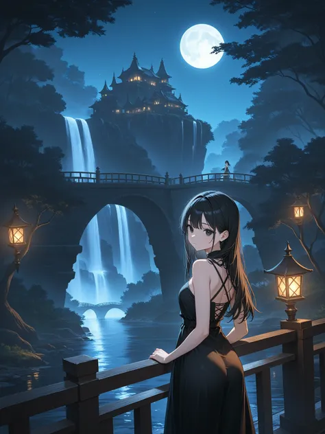 1girl, solo, long hair, black hair, dress, looking at viewer, bare shoulders, tree, outdoors, scenery, bridge, moon, black eyes, fantasy, night, railing, waterfall, water, looking back                                                                        ...