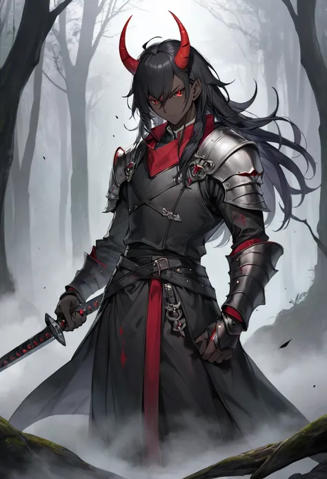 An intimidating oni blood hunter with dark gray skin and long black wild hair. He has smooth, small sleek horns that blend seamlessly with his skin tone, with no sharp edges, giving the appearance that the horns are a natural extension of his head . He is ...