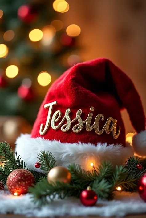  Christmas hat,  with Christmas decorations and the name written in golden letters, *Jessica* in golden letters  