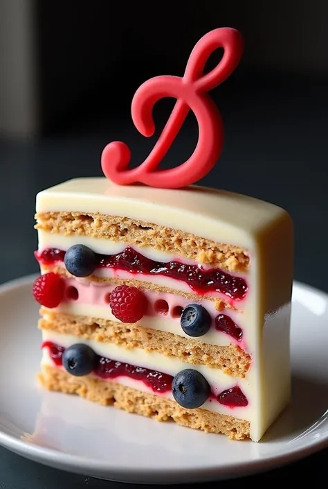 Um bolo retangular com camadas de biscoito embebido em calda de raspberry,  interspersed with vanilla buttercream and red fruit jelly  (raspberry, strawberry and blueberry ). The surface is covered with shiny white chocolate glaze and decorated with a clef...