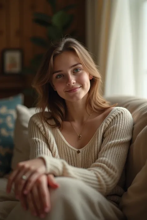 1 white British girl teenage,sitting on a cozy couch,crossing legs,soft light,smile, ((extreme skin detail)), hdr, low jumper making cleavage visible, ((ultrarealistic)), ((photo)), light brown hair, bokeh, depth of field, 8k uhd, dslr, soft lighting, high...