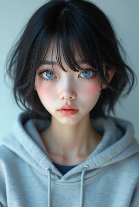 Japanese teenager with blue eyes wearing a hoodie