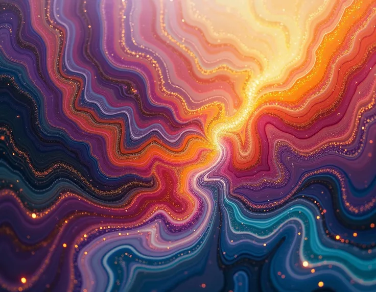 A mesmerizing abstract fluid art piece with a kaleidoscope of colors including deep purples, fiery oranges, shimmering gold, and vibrant teal. The patterns flow seamlessly like rivers of light, forming intricate, swirling shapes that feel alive and full of...