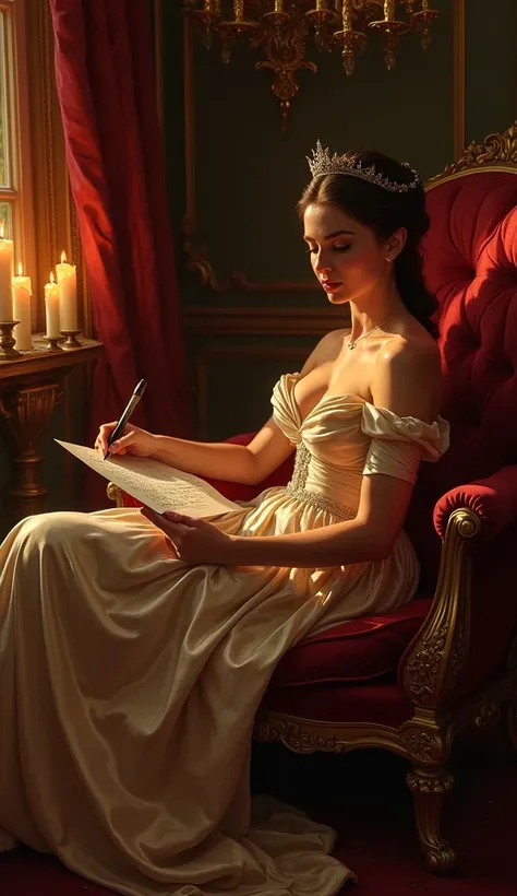 Queen Victoria lounging on a grand velvet chaise, her silk gown slipping off her shoulder, her exposed back glowing under soft candlelight, as she writes a steamy love letter with a sultry expression.