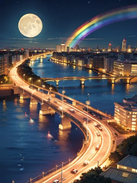 masterpiece， best quality， highest resolution，Gulf Coastミッドナイト，Gulf Coast， Rainbow Bridge at night，Drive super fast in a modified car :1.3，moon，