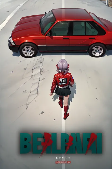 (masterpiece,  best quality:1.2),  Akira poster , the above,  from behind, Alone,  1 girl ,  Senki Zesshou Symphogia ,Yukinecris, walk,  light purple hair, low twin tail,  red leather jacket ,  black knee high , Ground vehicles,  green tea car , e36,BMW