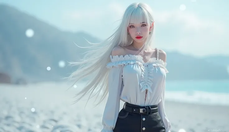 blurry, depth of field, blurry background, 1girl, blurry foreground, photo background, solo, red lips, photo (medium), cosplay photo, pants, long hair, 3d, outdoors, white hair, motion blur, black pants, lips, realistic, snow, looking at viewer, beach, mak...