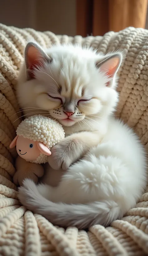 "A highly realistic depiction of a Ragdoll kitten, curled up and napping on a cozy cushion. The kitten is holding a tiny, plush sheep toy close to its chest with its paws. The sheep plush is round and fluffy, perfectly contrasting the kittens creamy white ...