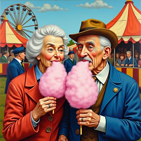 Oil painting style van Gogh ,  Kirmis early 20th century ,  Grandma tries cotton candy with grandpa