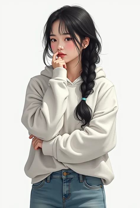 Korean young woman, black long braid hair, white hoodie, denim pants, cross arm pose.