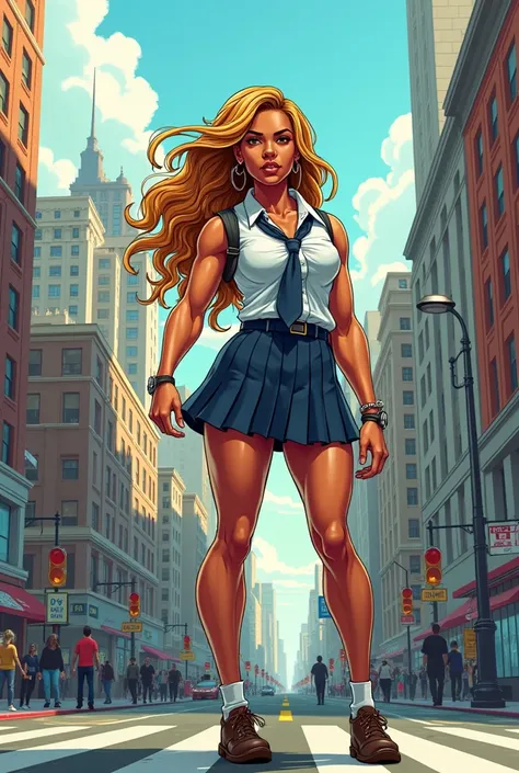 Comic cartoon image of Beyonce muscled in school clothes on the streets 