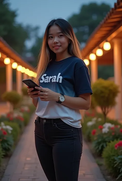 Real picture,  a beautiful young woman chubby Indonesian,  long straight hair black blonde ,hand holding cell phone and headset ,wearing a watch , wears a dark blue gradient white shirt that says SARAH, black jeans,  sneaker ,  standing in a beautiful and ...