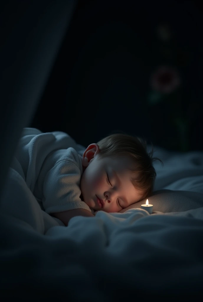 A  small boy was sleeping in darkness