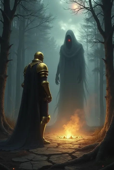  Image idea for page 4 :  “First Contact”

 • Scenery :  A clearing in the forest ,  shrouded in deep shadows ,  with the cracked floor and emanating a golden glow dark energy .
	•	Alex Storm (The hero): standing,  with the golden armor shining slightly , ...