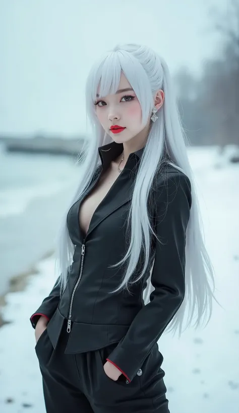 blurry, depth of field, blurry background, 1girl, blurry foreground, photo background, solo, red lips, photo (medium), cosplay photo, pants, long hair, 3d, outdoors, white hair, motion blur, black pants, lips, realistic, snow, looking at viewer, beach, mak...