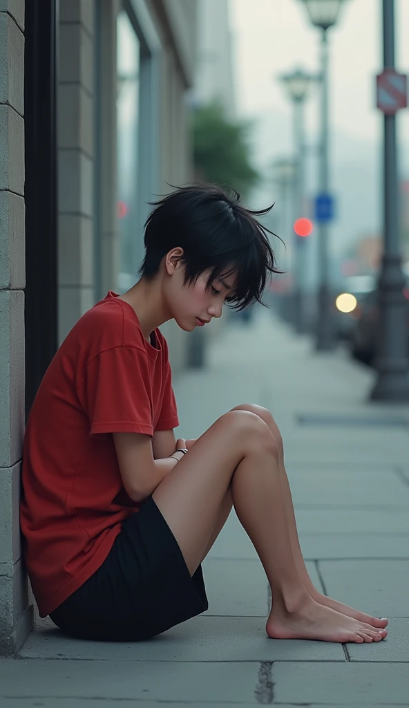 a   dressed in a red short-sleeved t-shirt and black shorts sitting on the sidewalk with a sad facial expression