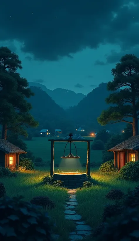 A serene rural village with lush green fields, small huts, and a central ancient stone well surrounded by wild bushes under a blue sky photo should be at night  the place should be horror 3d pixar cartoon