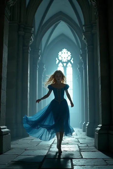 Princess running down the corridor of a Gothic castle,scared, Blue dress,blonde.cinematic.realistic