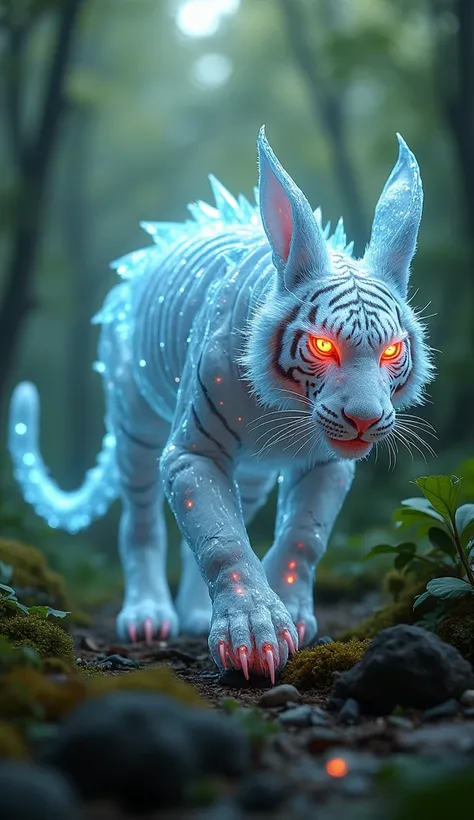 Crystal Tiger and Rabbit Fusion: A monstrous feline with semi-transparent skin, visible luminous bones, and claws that shimmer like sharp crystals. His eyes glow an icy red. In a rainforest.4k