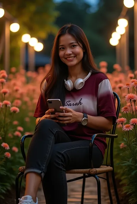 Real picture,  a beautiful young woman chubby Indonesian, long straight hair black reddish-brown ,hands holding cell phones and wearing headphones,wearing a watch ,wearing a maroon gradient white shirt with the inscription SARAH , black jeans,  sneaker ,  ...