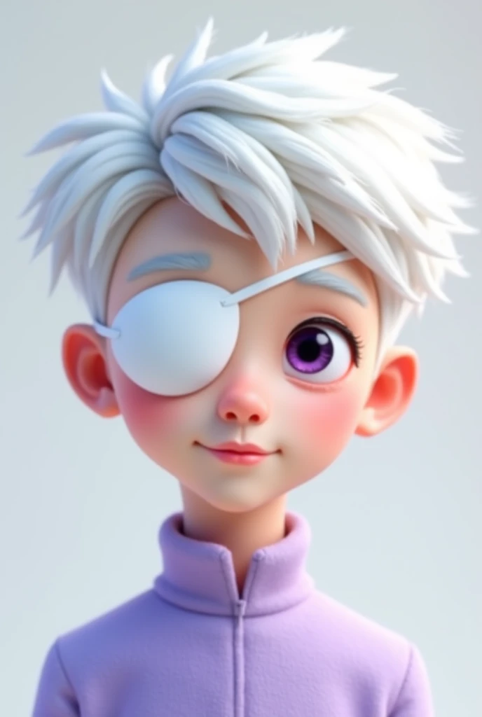 animation looking picture, 27 year old albinism asian young man, snow white skin, big purple eyes, snow white eyebrow(no black), snow white calm hair, pink cheek, pink lips, wearing light purple cloth, wearing white one eye patch(so one eye is covered. don...