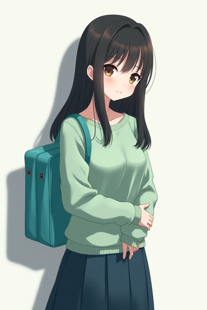 Anime girl with long, straight black hair, slightly brownish white skin, wearing a light green, slightly turquoise sweater, wearing a long dark blue skirt and wearing a turquoise school bag.