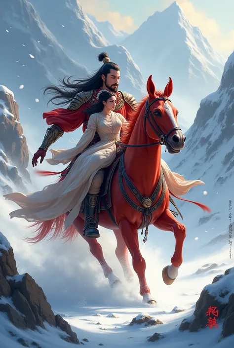 Lu Bu runs wild in the snowy mountains while holding Diao Chan and riding a red rabbit horse