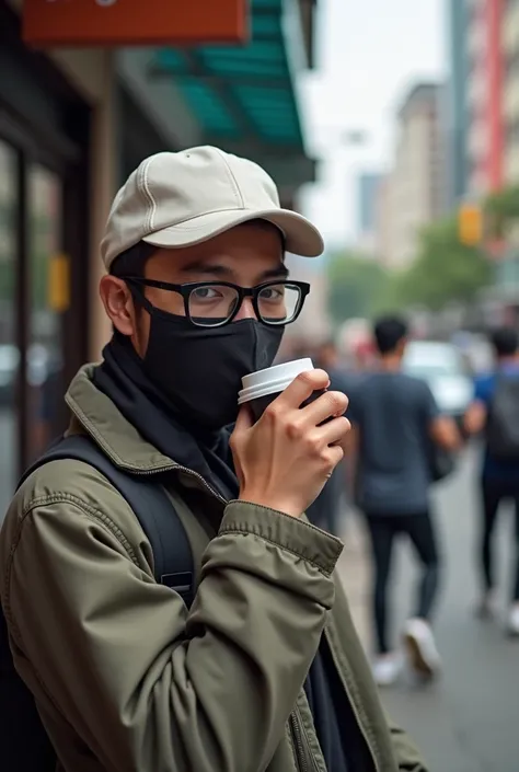 Pemuda kaca mata hitam, pake peci bulat putih, bermasker di jakarta ngopi di pinggir jalan