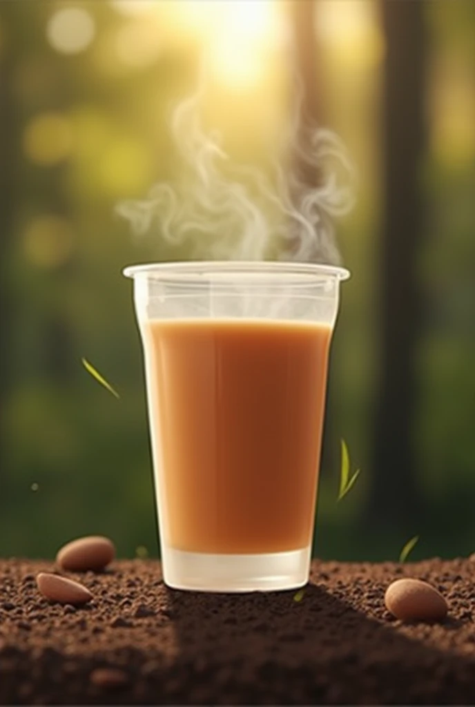 The cocoa tea logo is in the shape of a plastic glass. The background is a blurred forest.