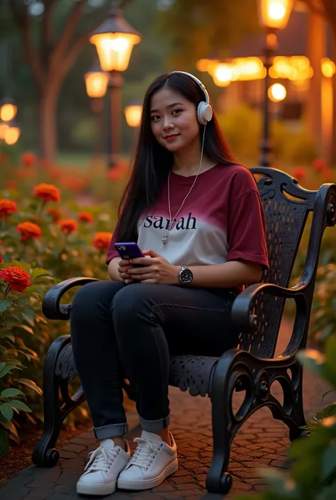 Real picture,  a beautiful young woman chubby Indonesian, long straight hair black reddish-brown ,hands holding cell phones and wearing headphones,wearing a watch ,wearing a maroon gradient white shirt with the inscription SARAH , black jeans,  sneaker , s...