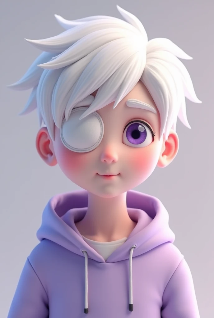 animation looking picture, 27 year old albinism asian man, snow white skin, big purple eyes, snow white eyebrow(no black), snow white calm hair, pink cheek, pink lips, wearing light purple hoody, wearing white one eye patch(so one eye is covered. dont draw...