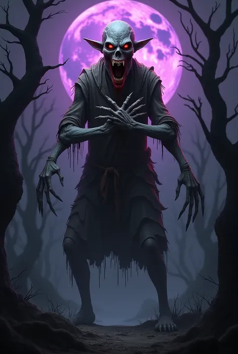  Create me a monster with bright red eyes ,  very tall dressed in torn and worn clothes , with an emaciated face ,  with its mouth wide open and blood flowing from it , with its arms crossed and very long fingers in a forest with dead trees and a full moon...