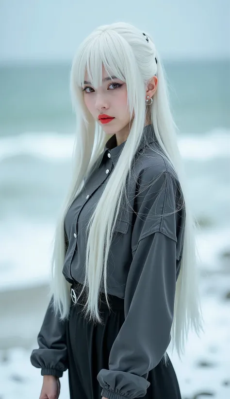 blurry, depth of field, blurry background, 1girl, blurry foreground, photo background, solo, red lips, photo (medium), cosplay photo, pants, long hair, 3d, outdoors, white hair, motion blur, black pants, lips, realistic, snow, looking at viewer, beach, mak...