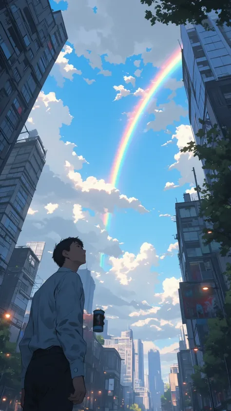 （masterpiece、High image quality、 High Quality 、4K、8k、 Details）、 Rainbow Bridge Seen in the Gap between Buildings 、 Office Worker Man Drinking Canned Coffee While Watching Rainbow Bridge、Rainbow Bridge in the High Sky 、 Grey Clouds Spread in the Sky After t...