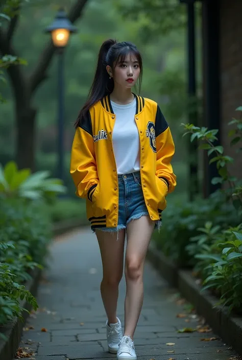 showing a very detailed real photo, a beautiful Korean woman with phonytail hair, white t-shirt, baseball jacket with the text "CULIK AKU DONG, , yellow, black stripe", short jeans, white sneakers, yellow pareasi, standing while walking, at night in a Gard...