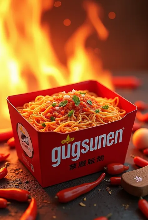 advertising for spicy instant noodles cardboard square rectangular packaging on brand packaging "gugsunen "