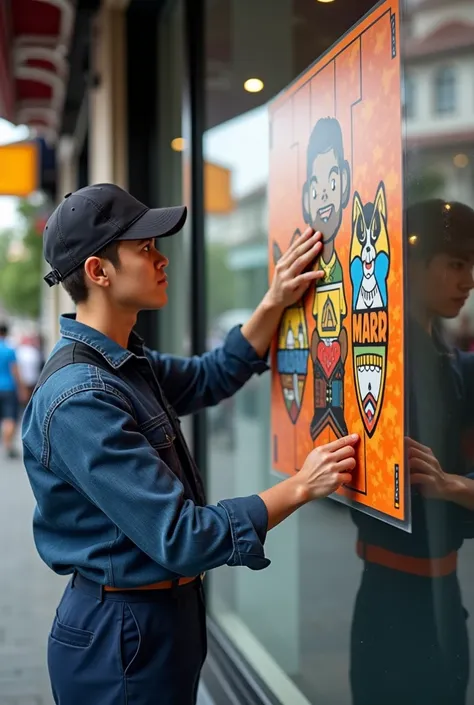 Worker sticking a big sticker on the shop window