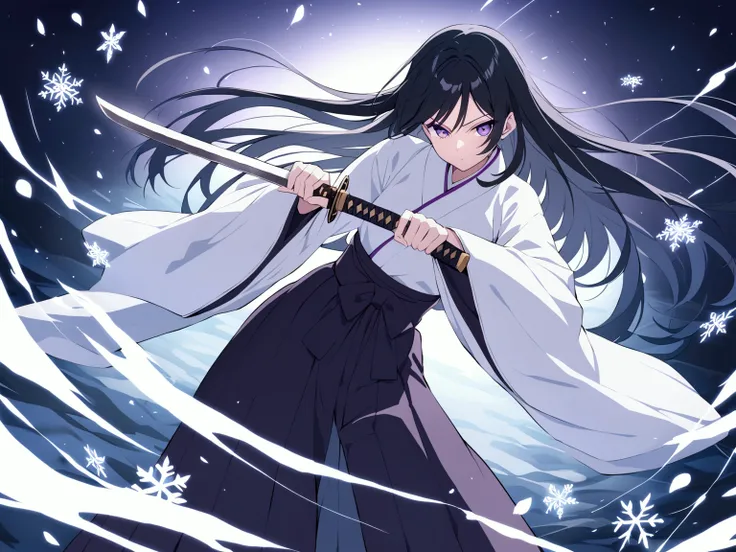 A female Soul Reaper with long black hair and striking purple eyes, wearing a black Shihakushō (traditional kimono-style uniform) with a white underlayer and hakama trousers (white. She is holding a single katana with both hands in front of her, with the s...