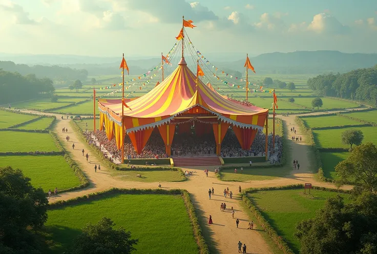 A grand rectangular pandal was built in the middle of the green fields in a large village ground, colourful flags fluttering. Decorations for the Bhagavad Gita event were set up in the pandal, and people were coming from far and wide around it."