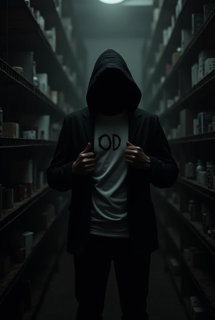 The figure adjusts their jacket, revealing a bold shirt with "Not made for normal people" emblazoned across the chest. Make it dark aesthetic make background pure black and congested room, the figure has no face 