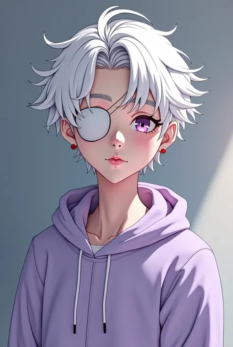 2D animation looking picture, 27 year old albinism asian man, snow white skin, big purple eyes, snow white eyebrow(no black), snow white calm hair, pink cheek, pink lips, wearing light purple hoody, wearing white one eye patch(so one eye is covered. dont d...