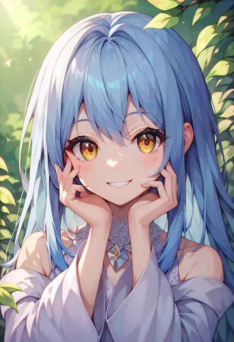 1 girl, solo, highest quality, anime style, cute, beautiful, silver and light blue hair, yellow eyes, long hair, Rimuru Tempest, Rimuru, Rimuru style, faithful to the original, original design, smile, smile