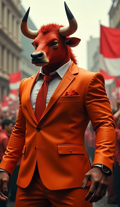 a humanoid red bull creature, orange suit, political campaign, indonesia, 4k, high quality, detailed, photorealistic, sharp focus, vivid colors, cinematic lighting, dynamic pose, dramatic background, intricate details, powerful expression