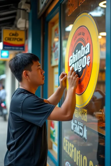 Filipino Worker sticking a big sticker on the shop window